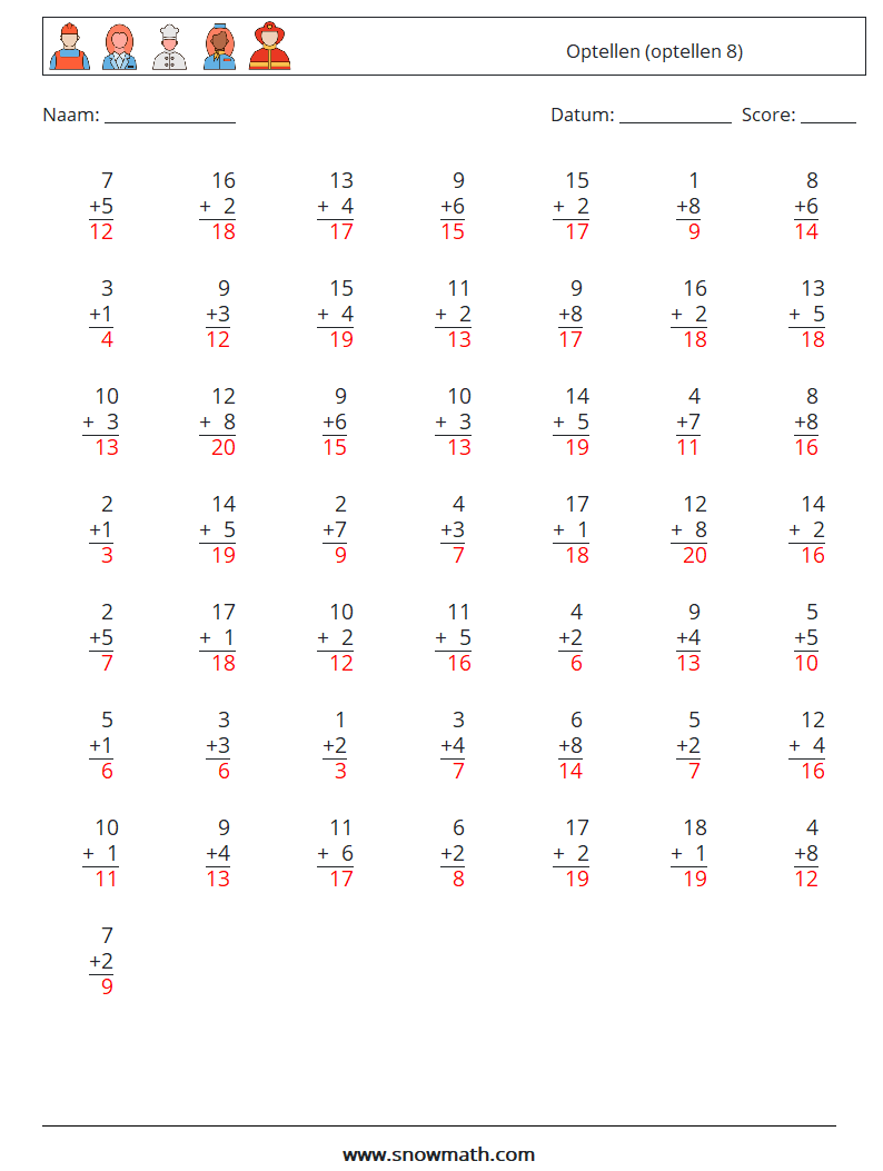 (50) Optellen (optellen 8) Wiskundige werkbladen 4 Vraag, Antwoord