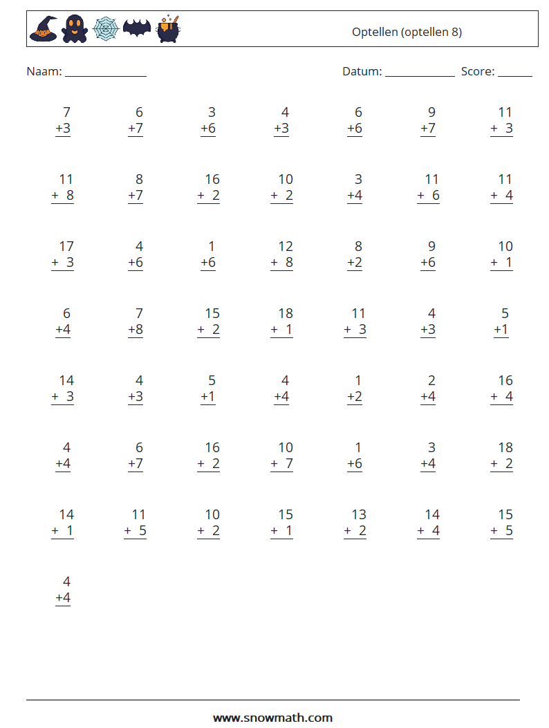 (50) Optellen (optellen 8) Wiskundige werkbladen 5