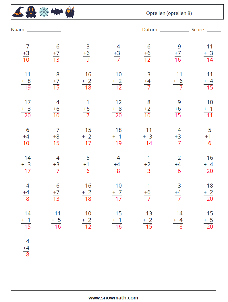 (50) Optellen (optellen 8) Wiskundige werkbladen 5 Vraag, Antwoord