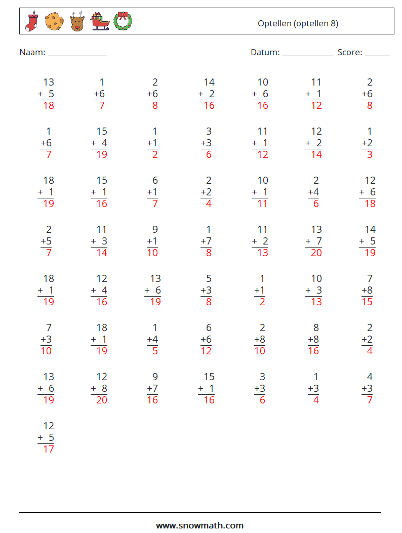 (50) Optellen (optellen 8) Wiskundige werkbladen 6 Vraag, Antwoord