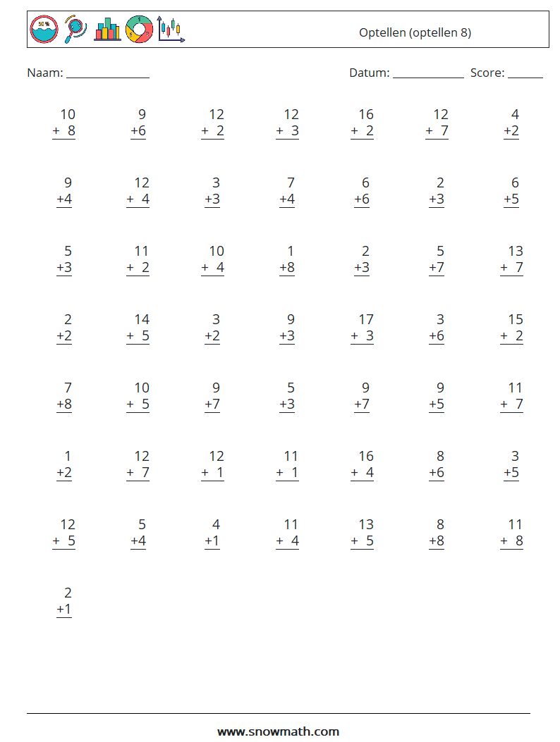 (50) Optellen (optellen 8) Wiskundige werkbladen 7