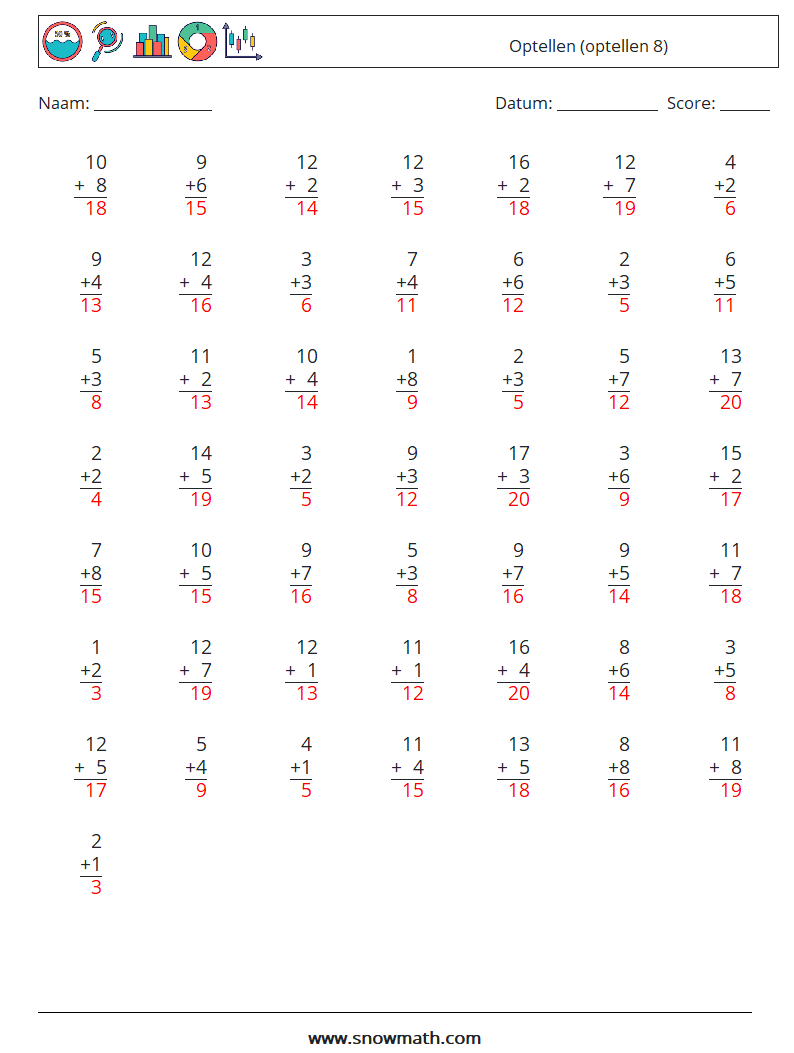 (50) Optellen (optellen 8) Wiskundige werkbladen 7 Vraag, Antwoord