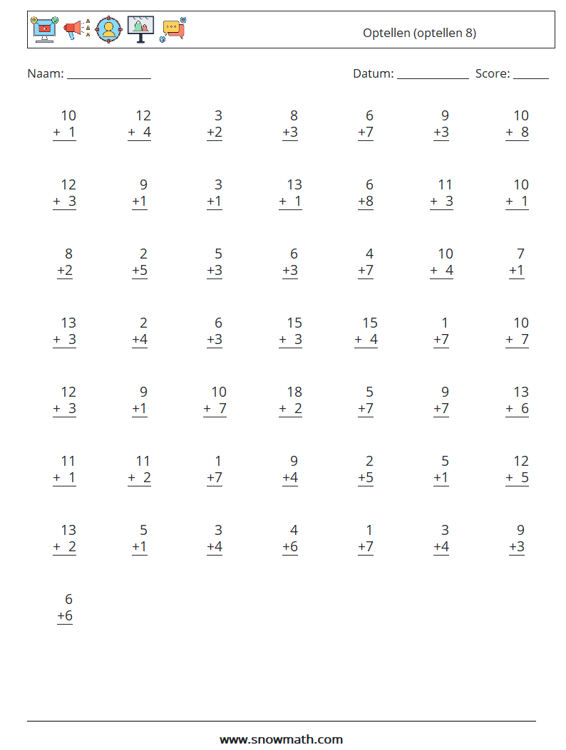 (50) Optellen (optellen 8) Wiskundige werkbladen 8