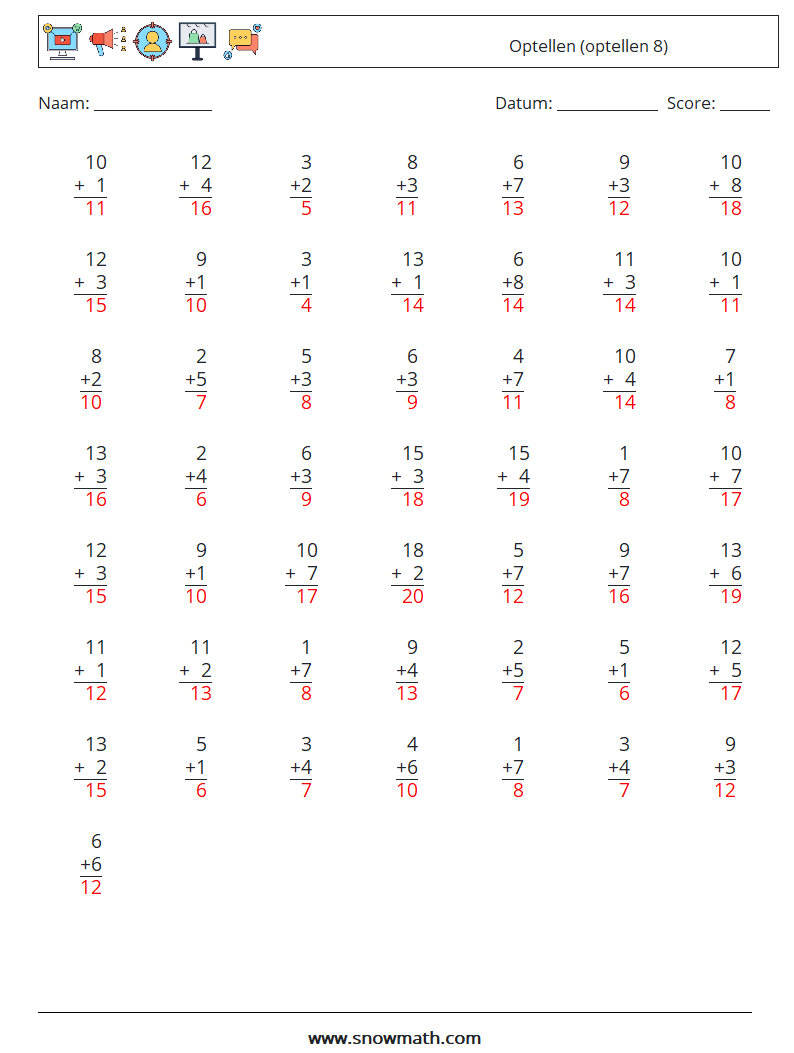 (50) Optellen (optellen 8) Wiskundige werkbladen 8 Vraag, Antwoord