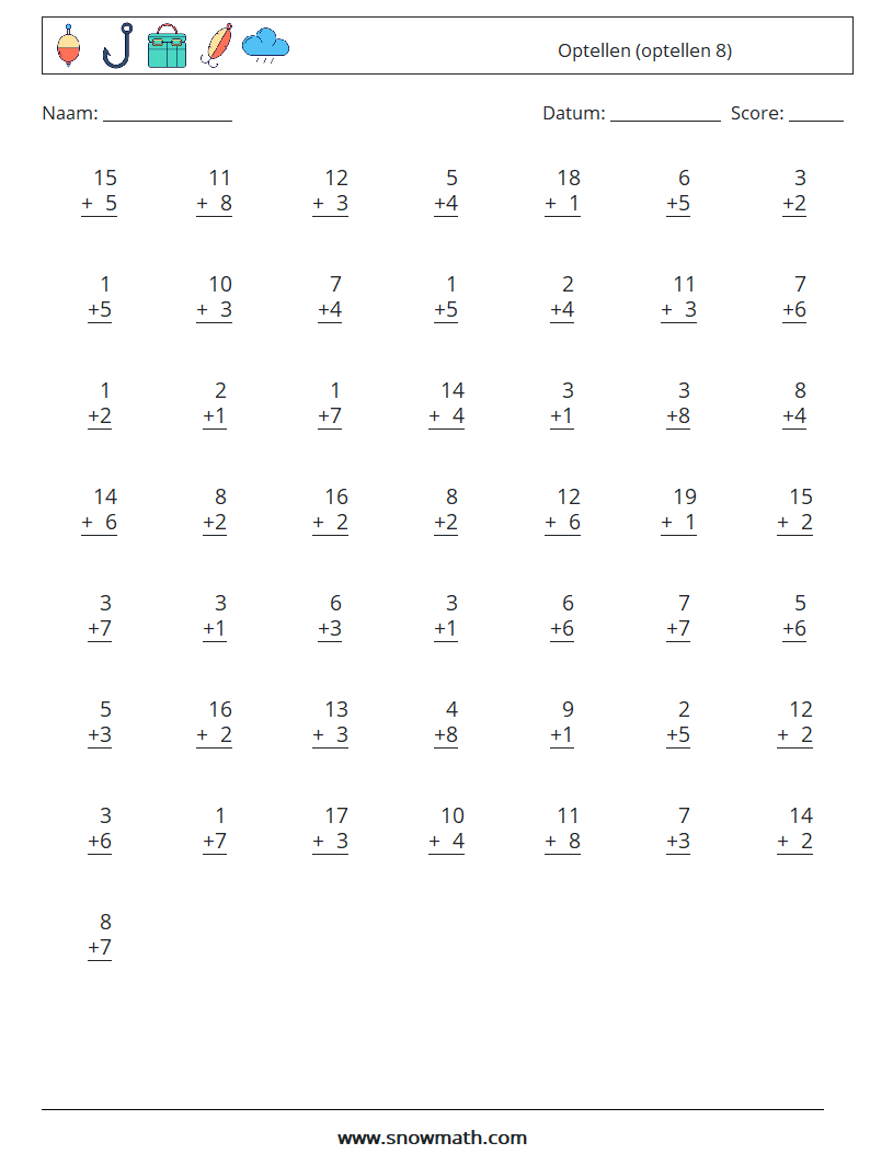 (50) Optellen (optellen 8) Wiskundige werkbladen 9