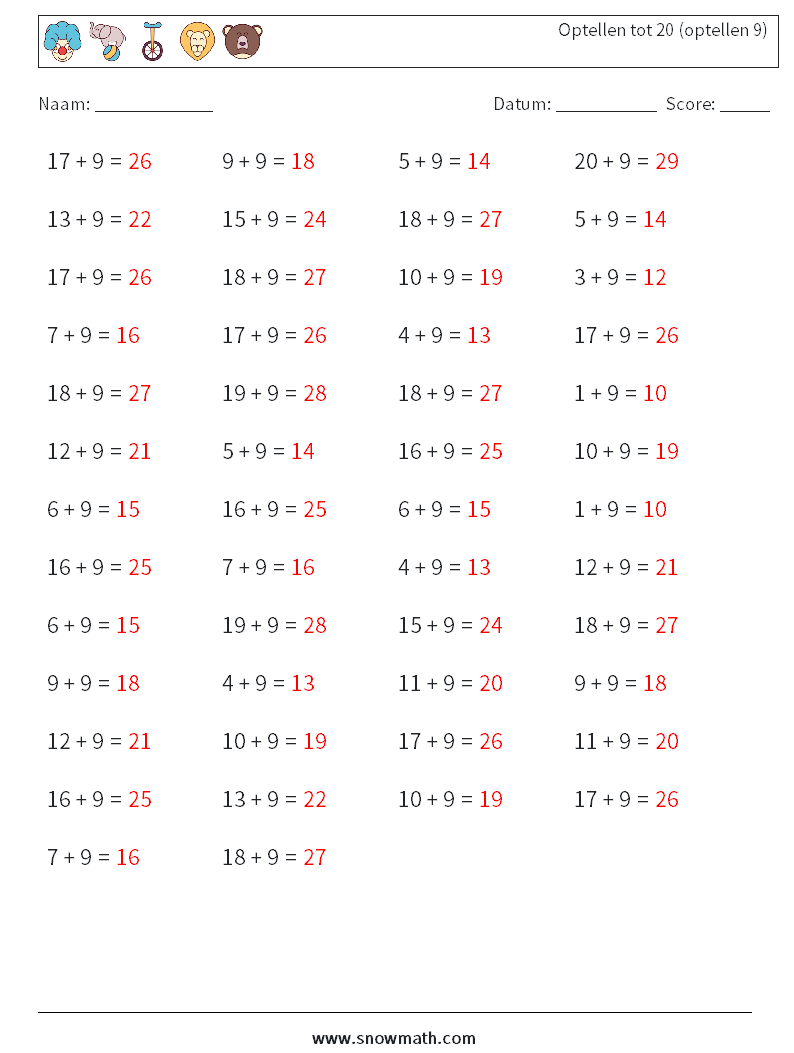(50) Optellen tot 20 (optellen 9) Wiskundige werkbladen 1 Vraag, Antwoord