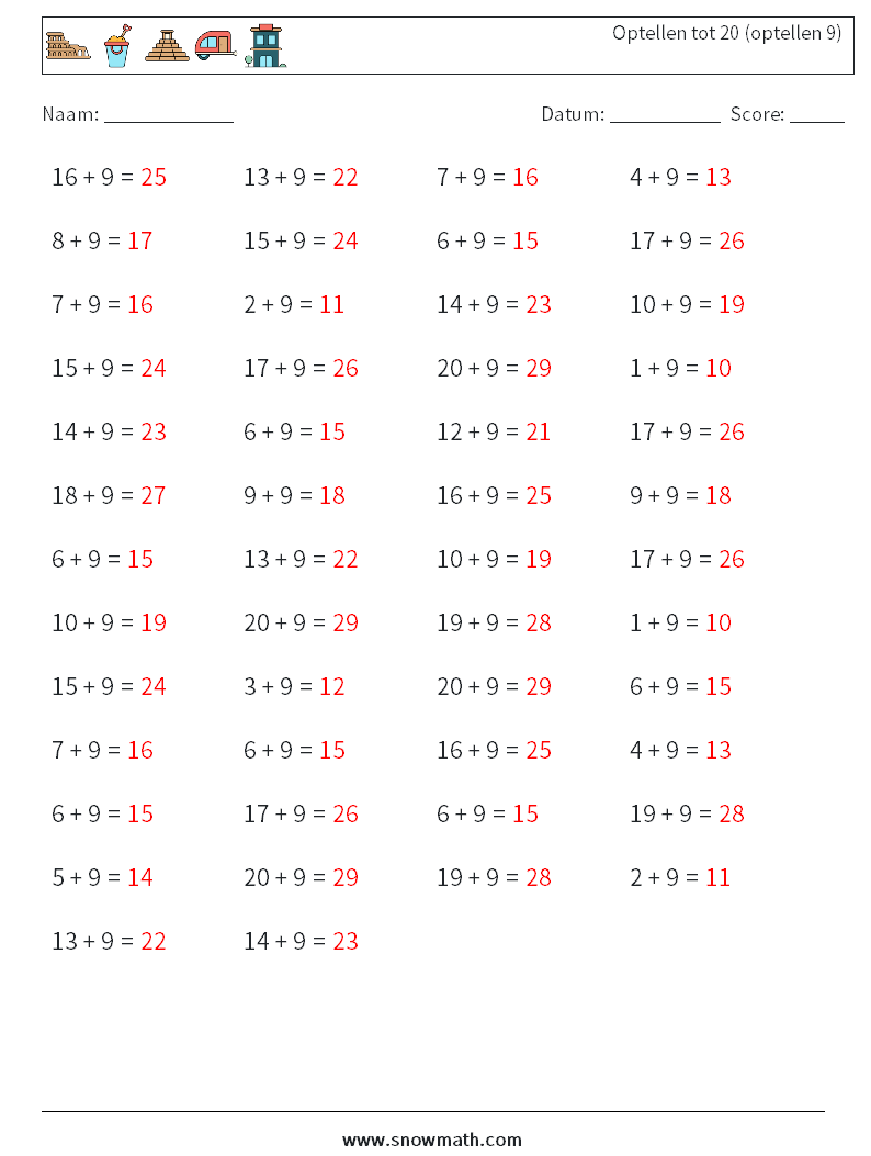 (50) Optellen tot 20 (optellen 9) Wiskundige werkbladen 3 Vraag, Antwoord