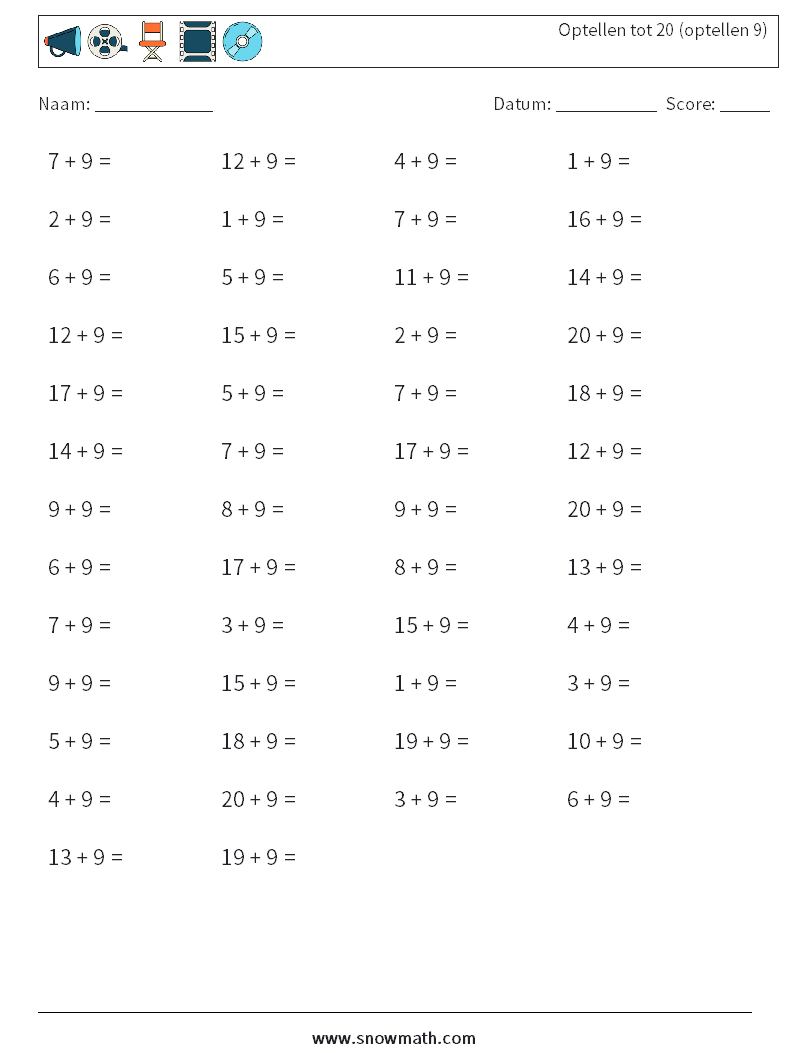 (50) Optellen tot 20 (optellen 9) Wiskundige werkbladen 4