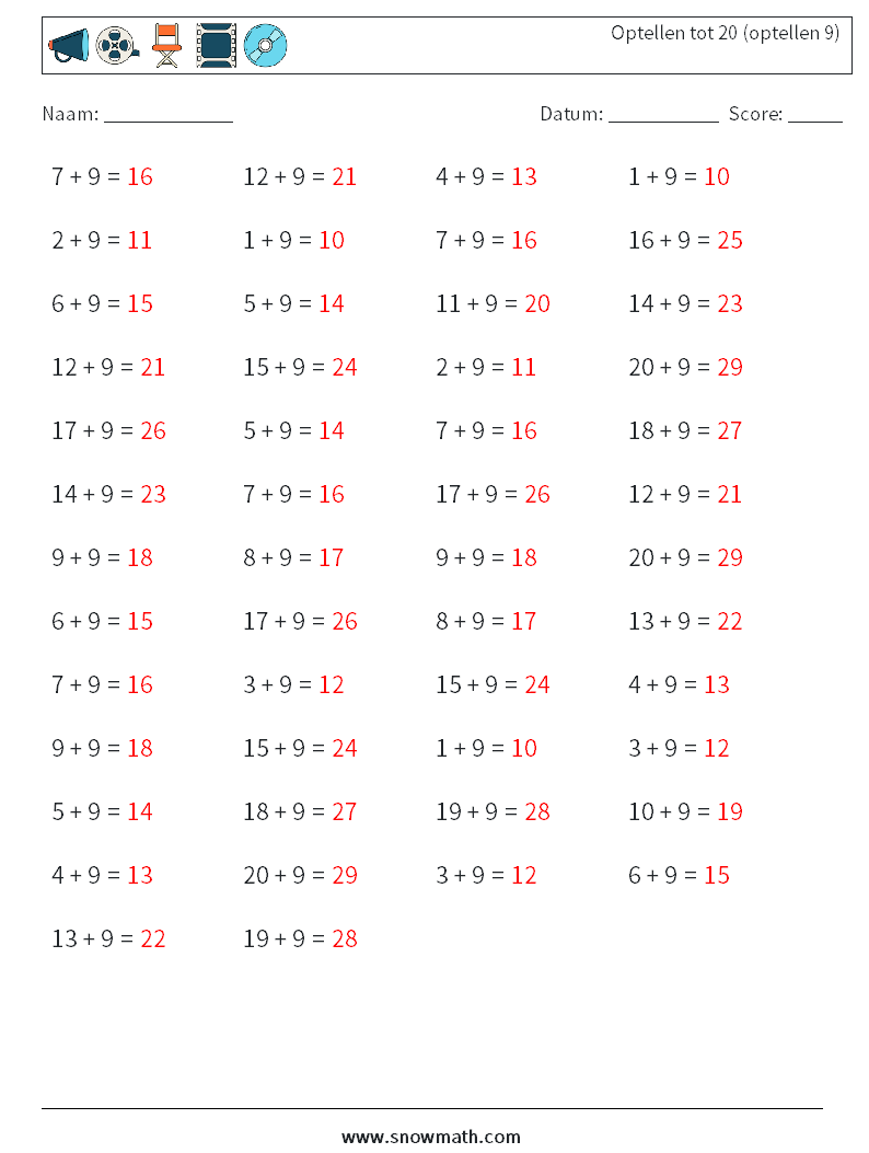 (50) Optellen tot 20 (optellen 9) Wiskundige werkbladen 4 Vraag, Antwoord