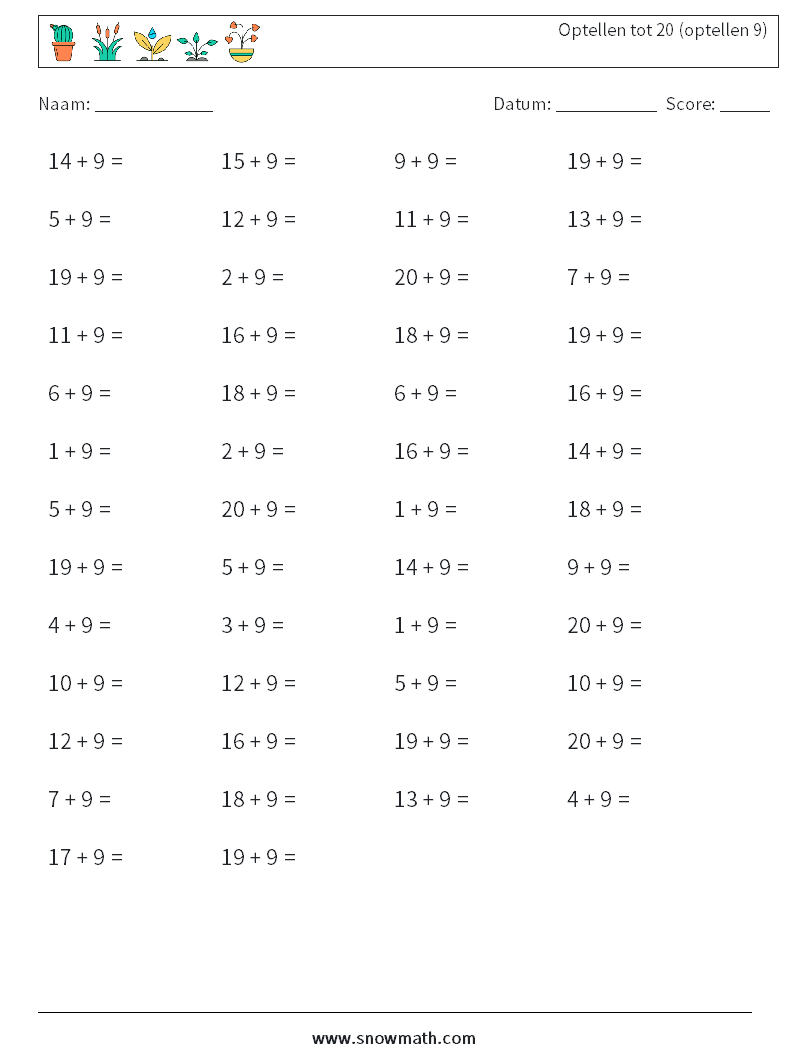 (50) Optellen tot 20 (optellen 9) Wiskundige werkbladen 5