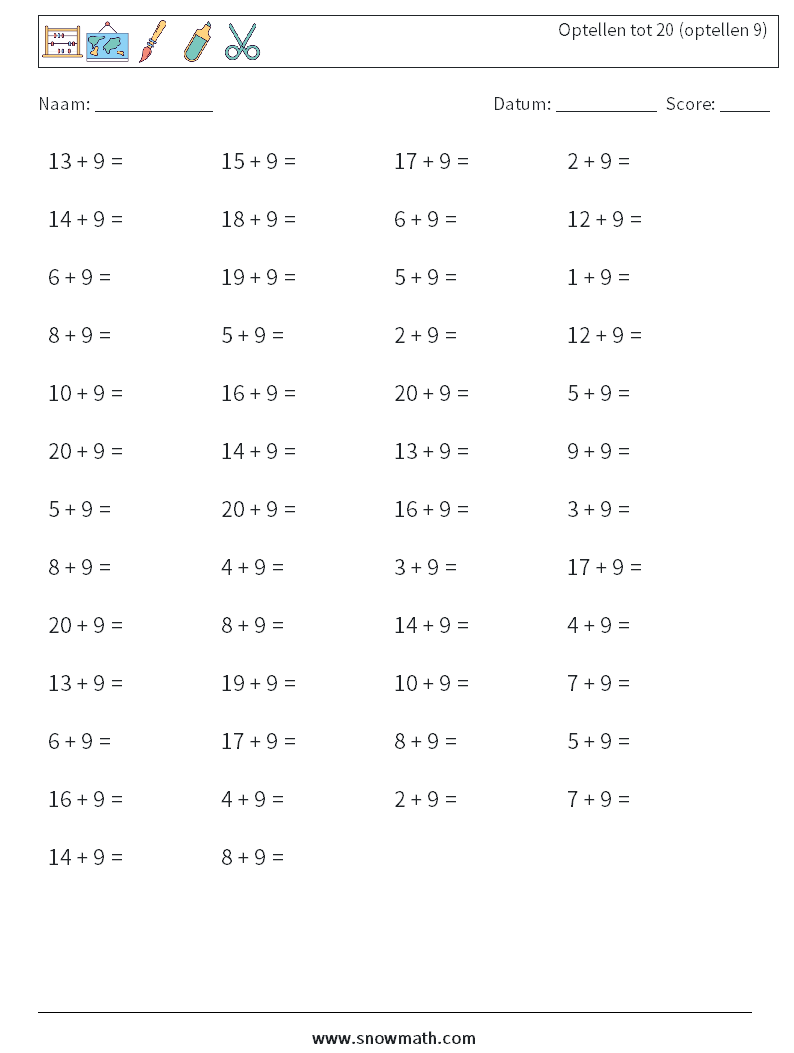 (50) Optellen tot 20 (optellen 9) Wiskundige werkbladen 6