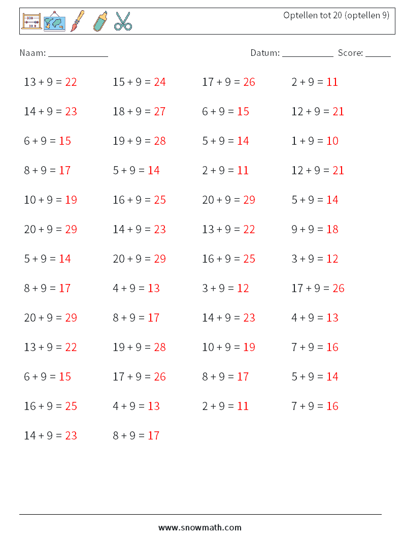 (50) Optellen tot 20 (optellen 9) Wiskundige werkbladen 6 Vraag, Antwoord