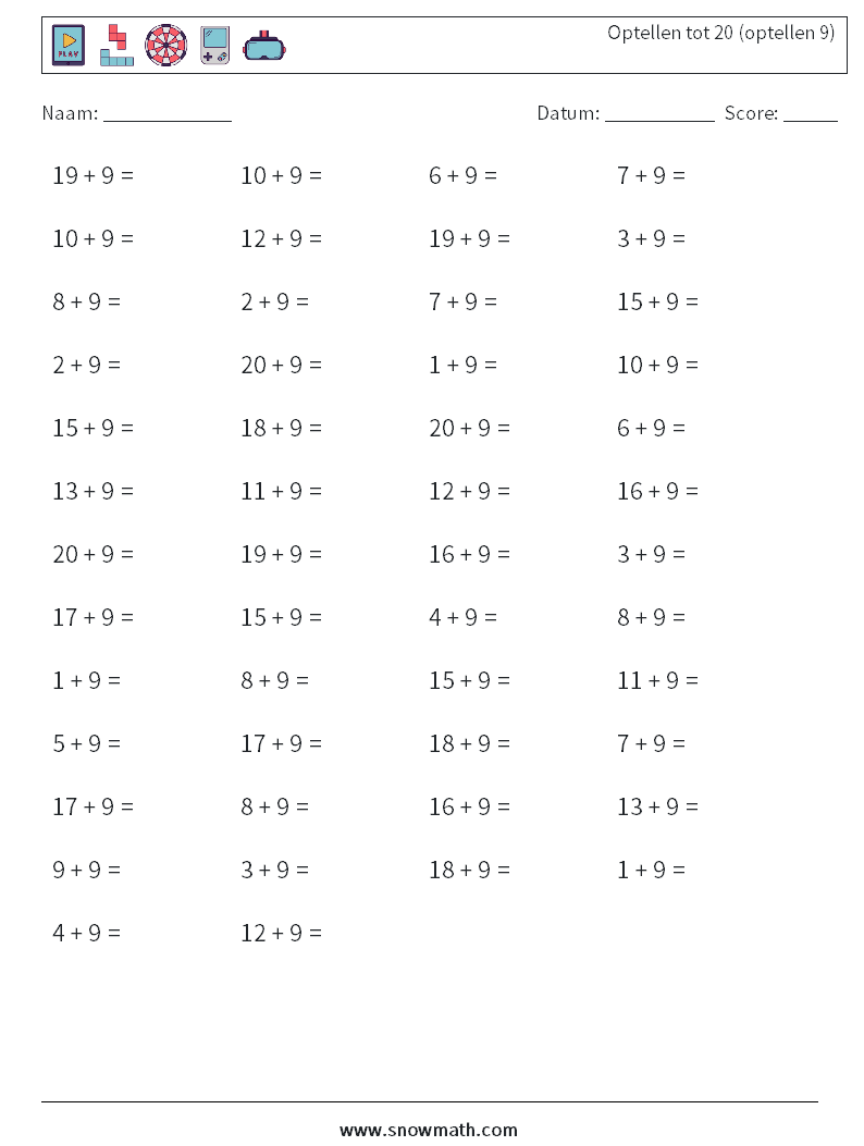 (50) Optellen tot 20 (optellen 9) Wiskundige werkbladen 7