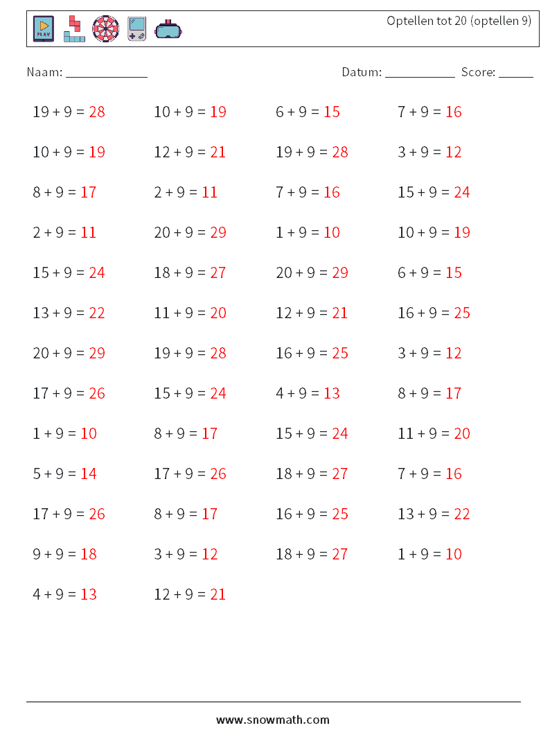 (50) Optellen tot 20 (optellen 9) Wiskundige werkbladen 7 Vraag, Antwoord
