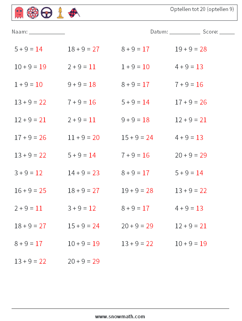 (50) Optellen tot 20 (optellen 9) Wiskundige werkbladen 8 Vraag, Antwoord