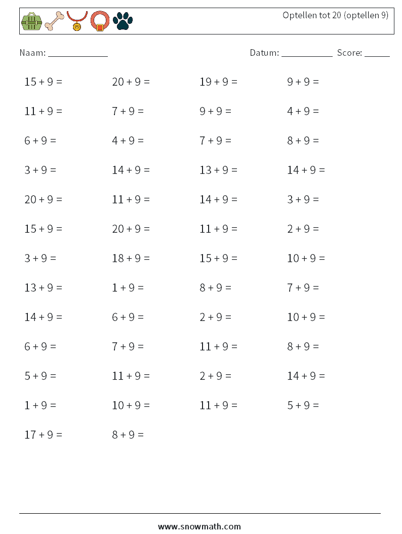 (50) Optellen tot 20 (optellen 9) Wiskundige werkbladen 9