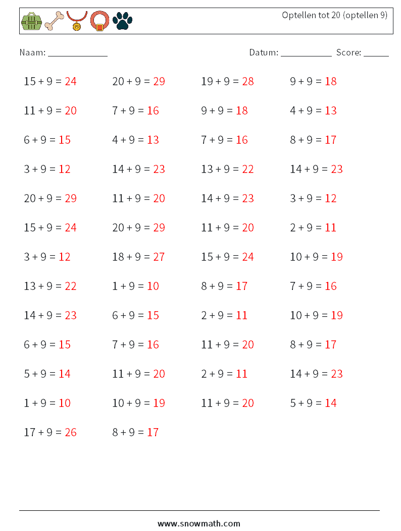 (50) Optellen tot 20 (optellen 9) Wiskundige werkbladen 9 Vraag, Antwoord