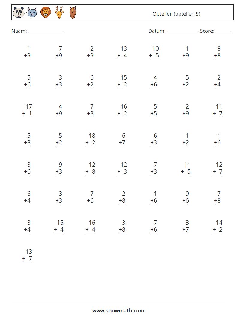 (50) Optellen (optellen 9) Wiskundige werkbladen 1