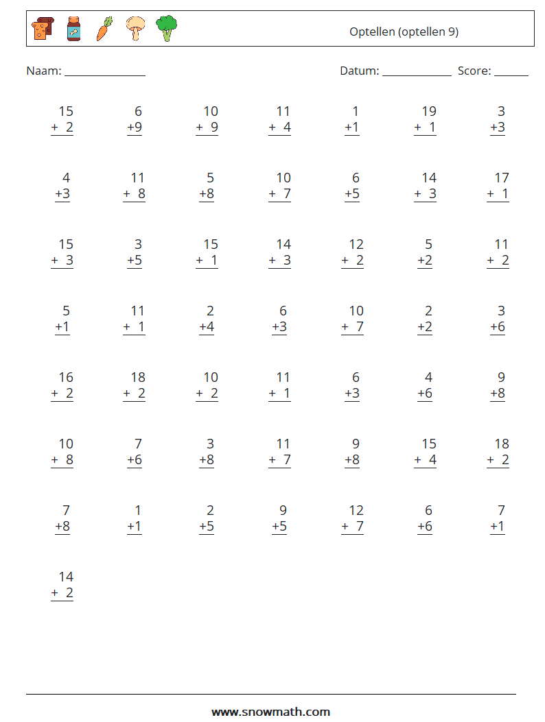 (50) Optellen (optellen 9) Wiskundige werkbladen 12