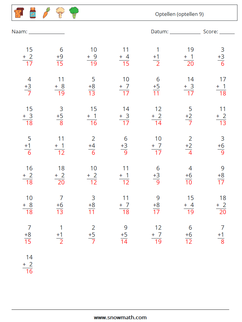 (50) Optellen (optellen 9) Wiskundige werkbladen 12 Vraag, Antwoord