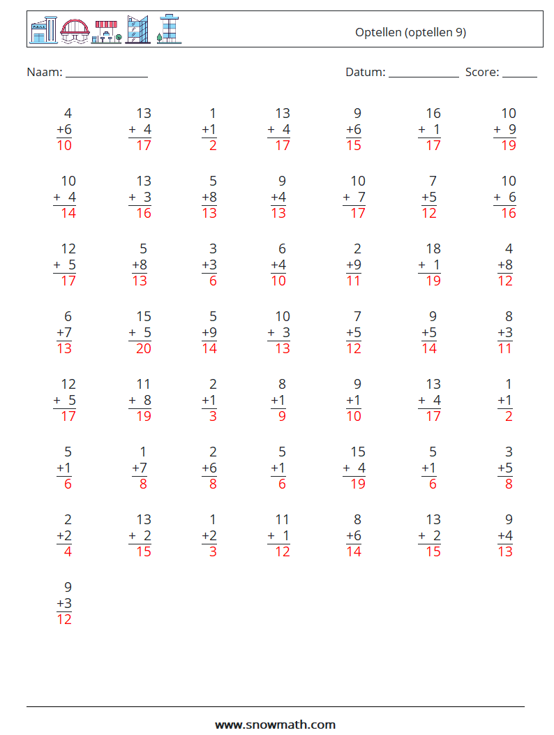 (50) Optellen (optellen 9) Wiskundige werkbladen 13 Vraag, Antwoord