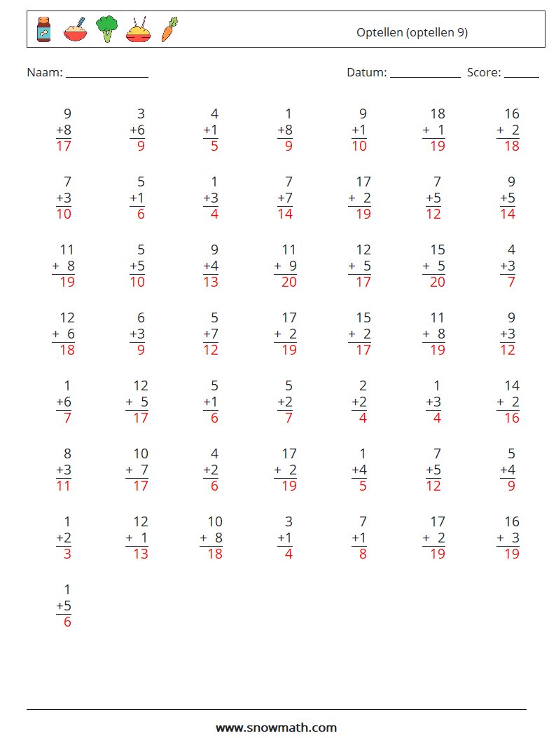 (50) Optellen (optellen 9) Wiskundige werkbladen 14 Vraag, Antwoord