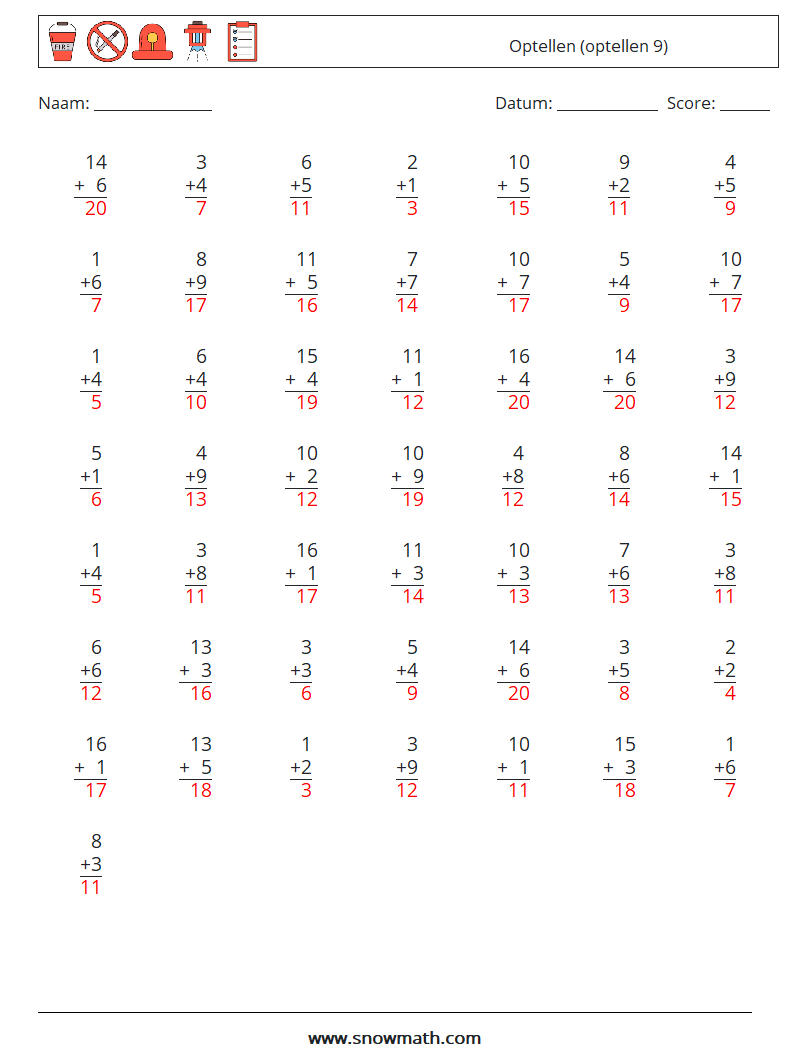 (50) Optellen (optellen 9) Wiskundige werkbladen 15 Vraag, Antwoord