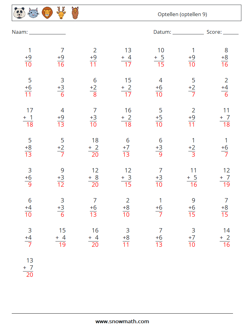 (50) Optellen (optellen 9) Wiskundige werkbladen 1 Vraag, Antwoord