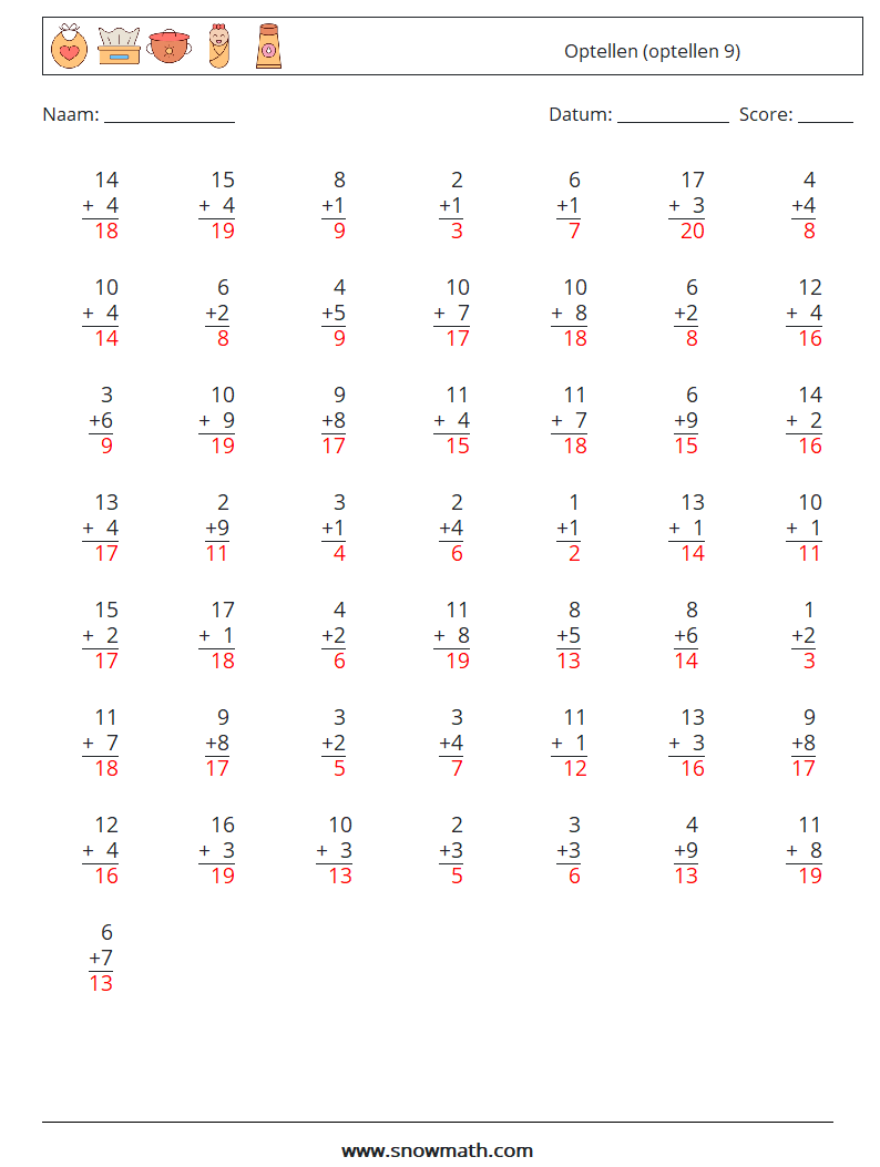 (50) Optellen (optellen 9) Wiskundige werkbladen 2 Vraag, Antwoord