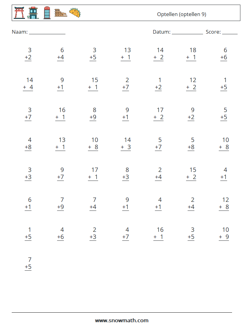 (50) Optellen (optellen 9) Wiskundige werkbladen 3