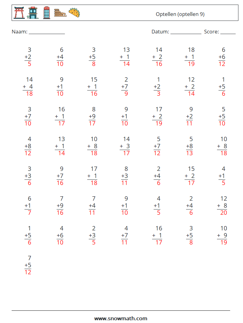 (50) Optellen (optellen 9) Wiskundige werkbladen 3 Vraag, Antwoord