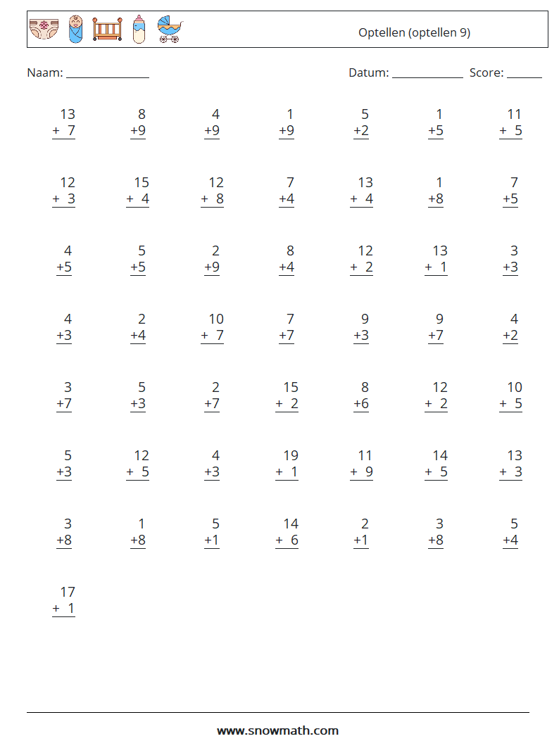 (50) Optellen (optellen 9) Wiskundige werkbladen 4