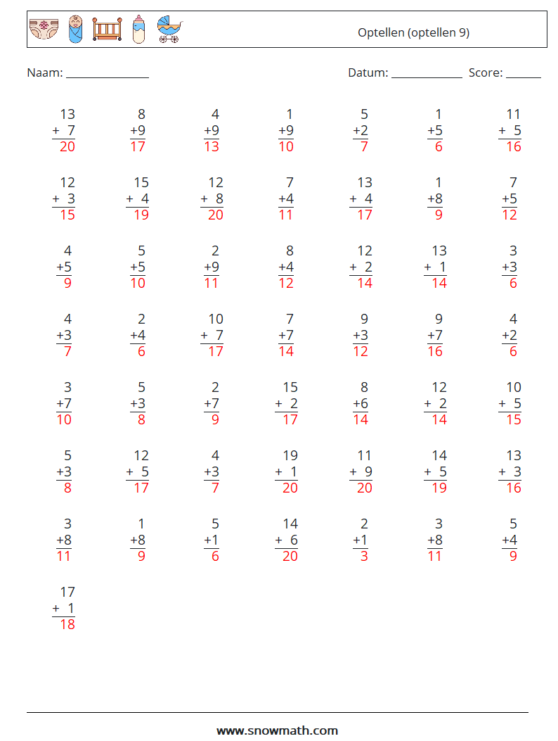 (50) Optellen (optellen 9) Wiskundige werkbladen 4 Vraag, Antwoord