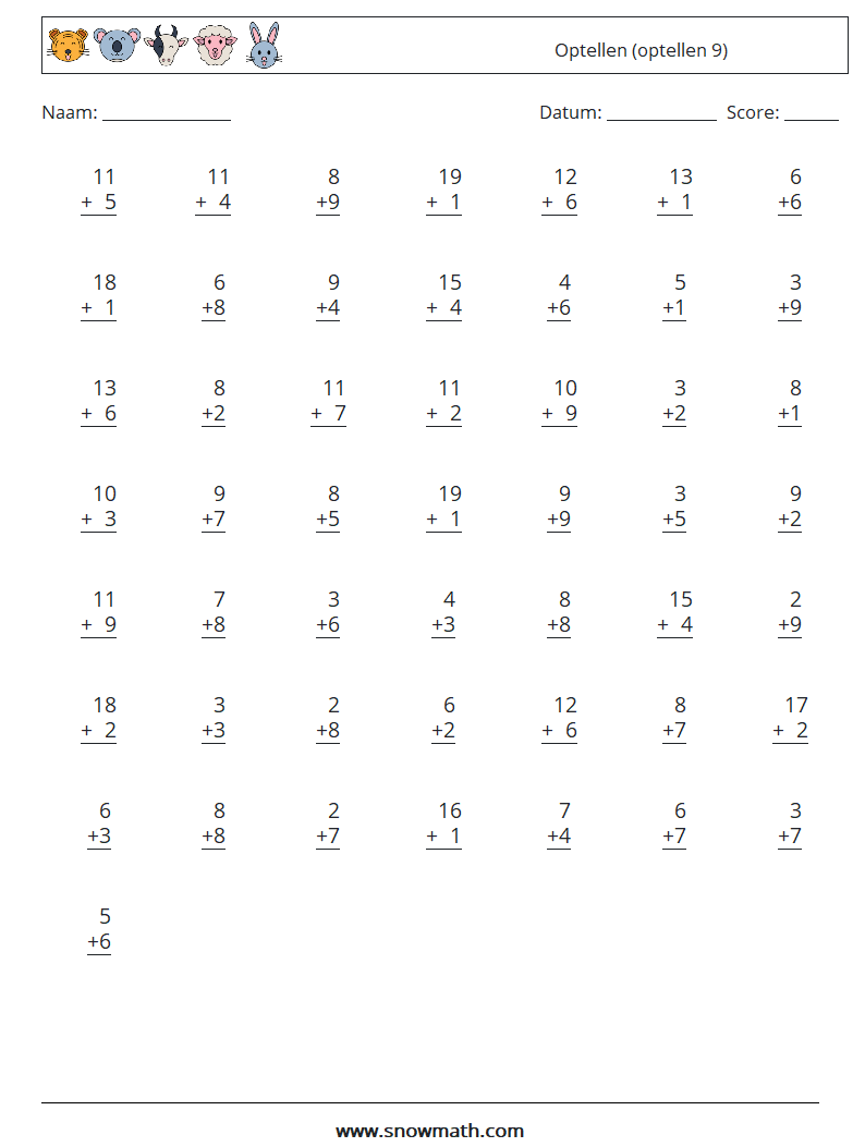 (50) Optellen (optellen 9) Wiskundige werkbladen 5