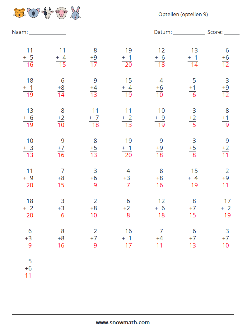 (50) Optellen (optellen 9) Wiskundige werkbladen 5 Vraag, Antwoord