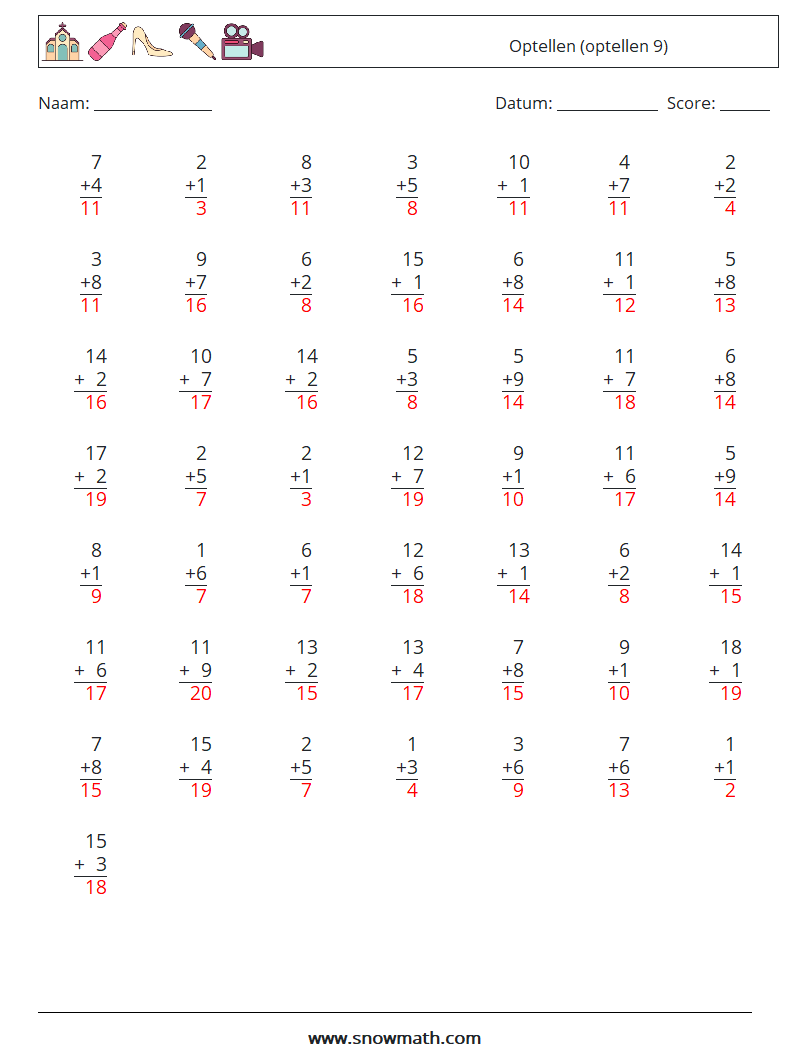 (50) Optellen (optellen 9) Wiskundige werkbladen 6 Vraag, Antwoord