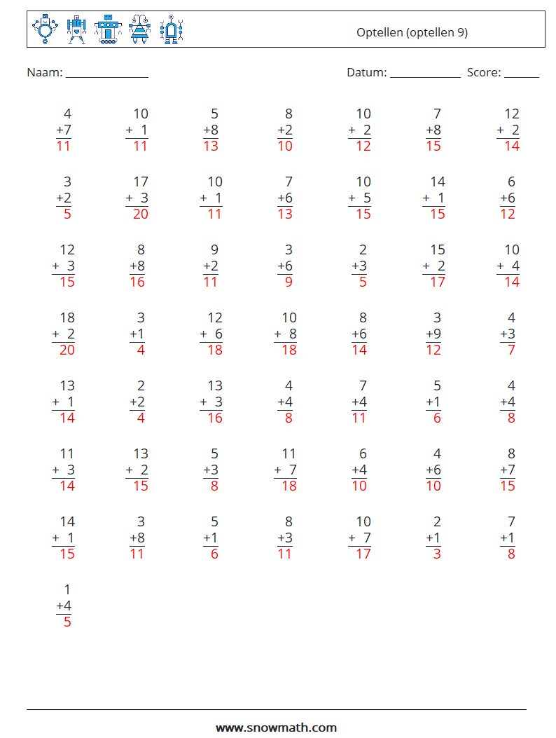 (50) Optellen (optellen 9) Wiskundige werkbladen 7 Vraag, Antwoord