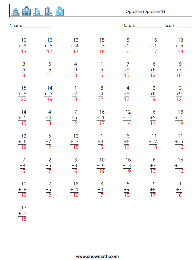 (50) Optellen (optellen 9) Wiskundige werkbladen 8 Vraag, Antwoord