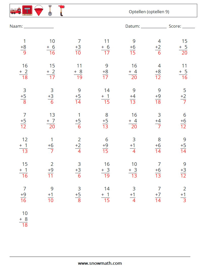 (50) Optellen (optellen 9) Wiskundige werkbladen 9 Vraag, Antwoord