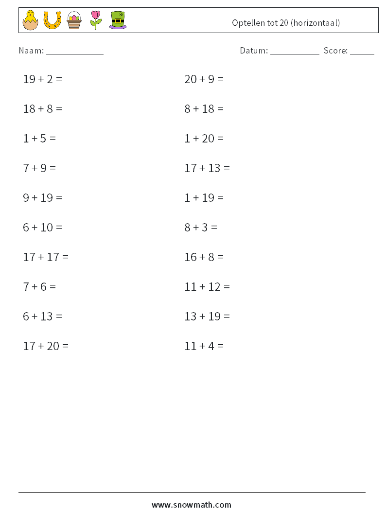 (20) Optellen tot 20 (horizontaal)