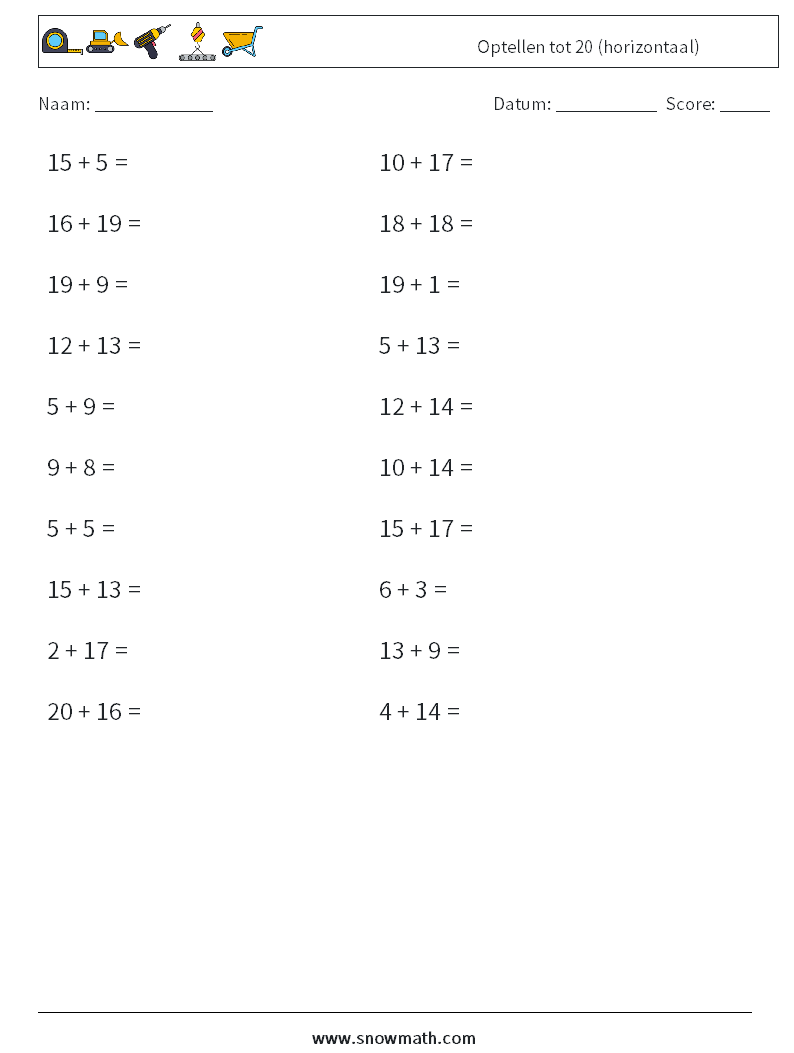 (20) Optellen tot 20 (horizontaal) Wiskundige werkbladen 2