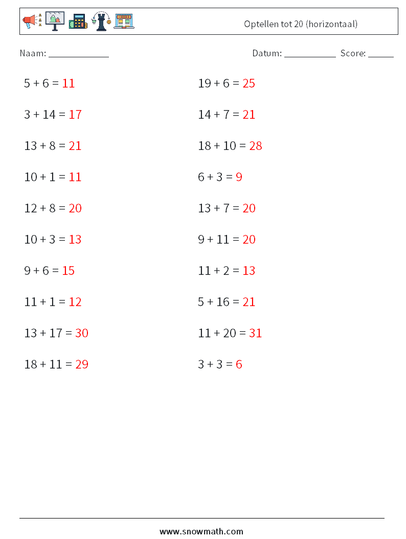 (20) Optellen tot 20 (horizontaal) Wiskundige werkbladen 3 Vraag, Antwoord