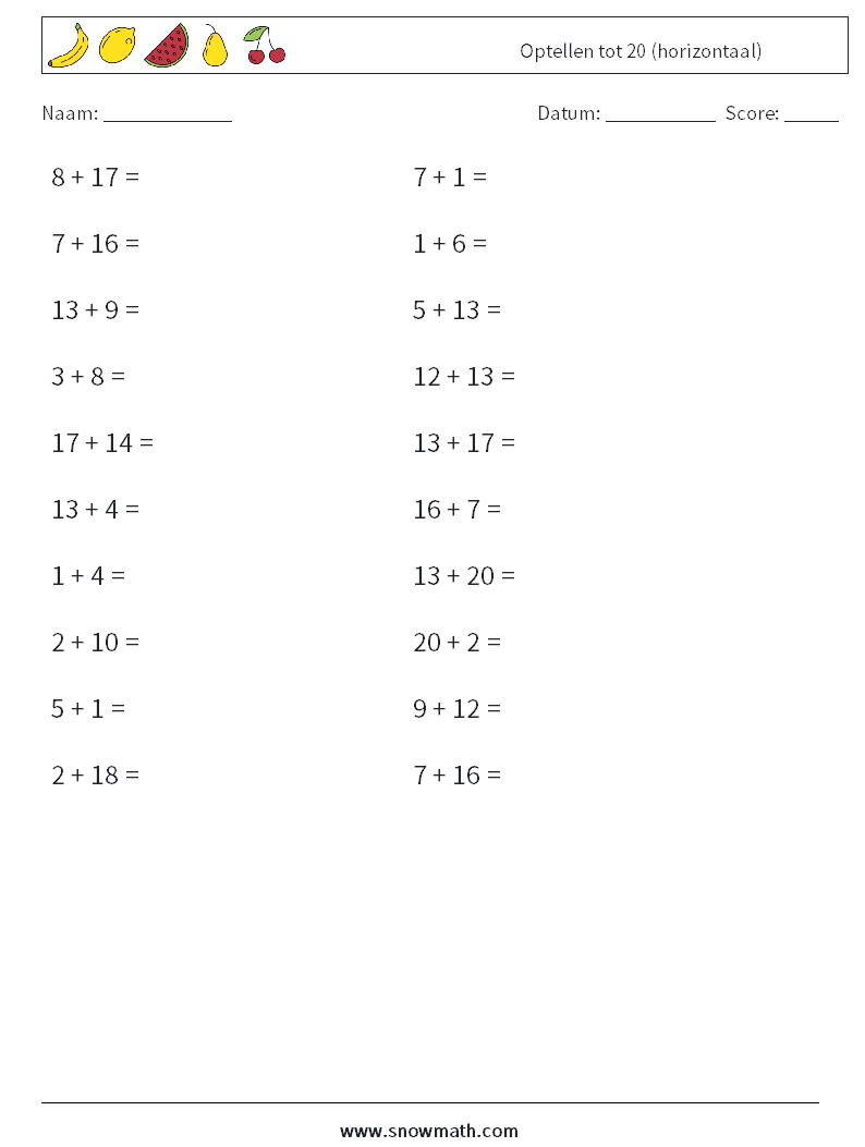 (20) Optellen tot 20 (horizontaal) Wiskundige werkbladen 7