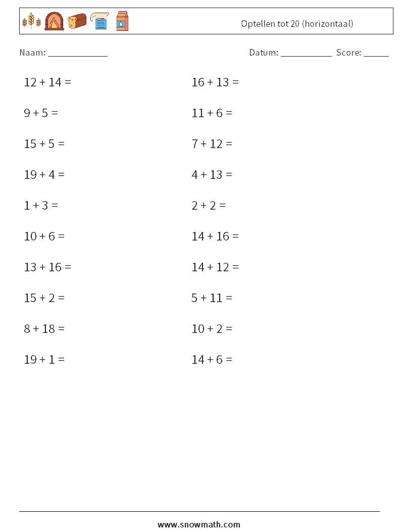 (20) Optellen tot 20 (horizontaal) Wiskundige werkbladen 8