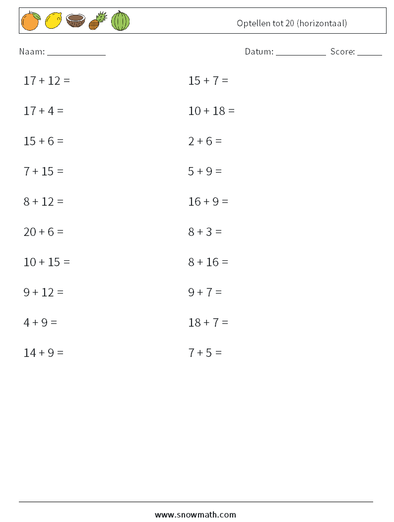 (20) Optellen tot 20 (horizontaal) Wiskundige werkbladen 9