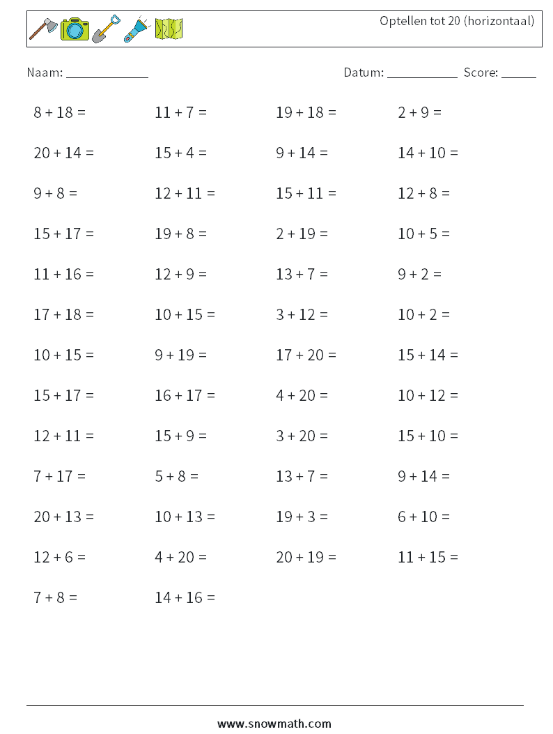 (50) Optellen tot 20 (horizontaal)