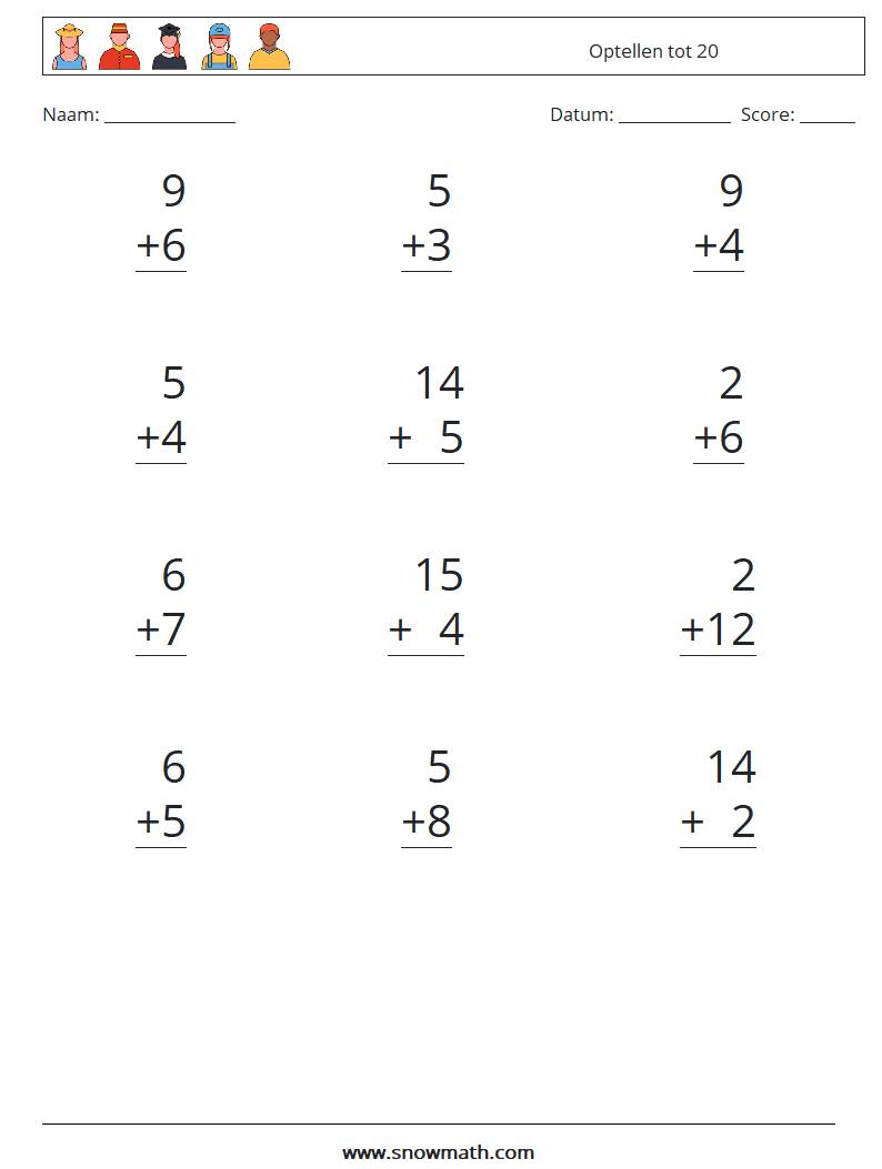 (12) Optellen tot 20 Wiskundige werkbladen 10