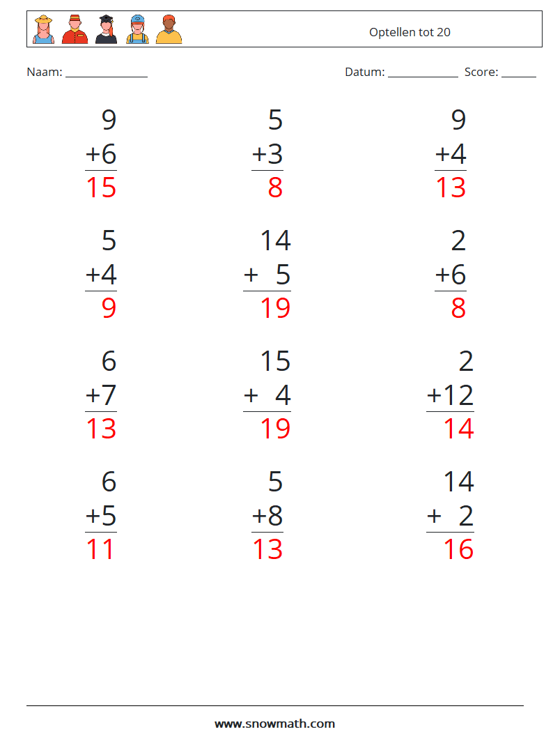 (12) Optellen tot 20 Wiskundige werkbladen 10 Vraag, Antwoord