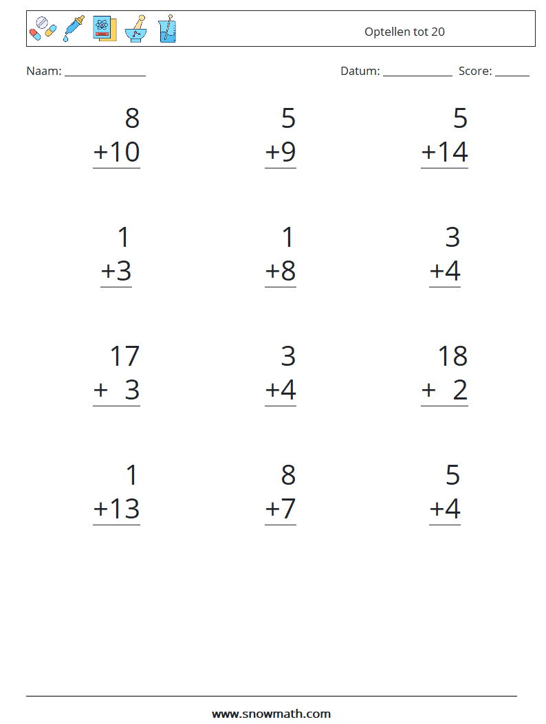 (12) Optellen tot 20 Wiskundige werkbladen 15