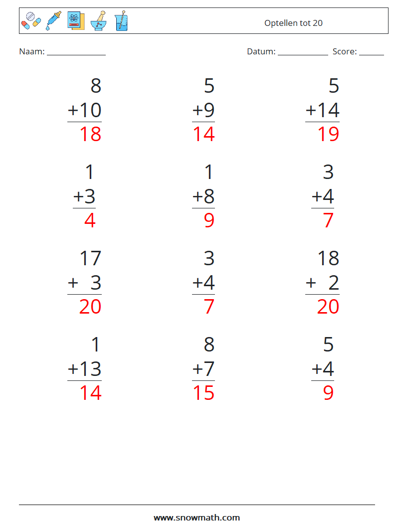 (12) Optellen tot 20 Wiskundige werkbladen 15 Vraag, Antwoord